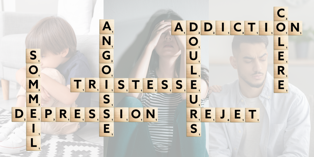 image contenant des mots imbriquer façon scrabble avec des fond de personnage derrière.